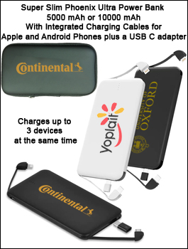 Super Slim Phoenix Ultra Power Bank- 5000 mAh<p> With integrated IOS and Android Charging Cables and